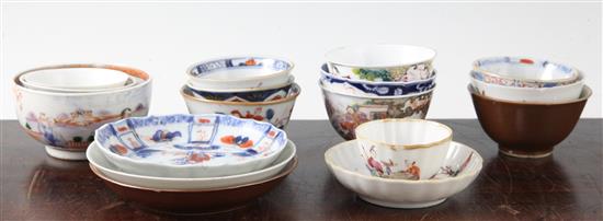 A group of Chinese export polychrome porcelain teabowls, four saucers and a cup, Qianlong period, the cup 8.6cm diameter